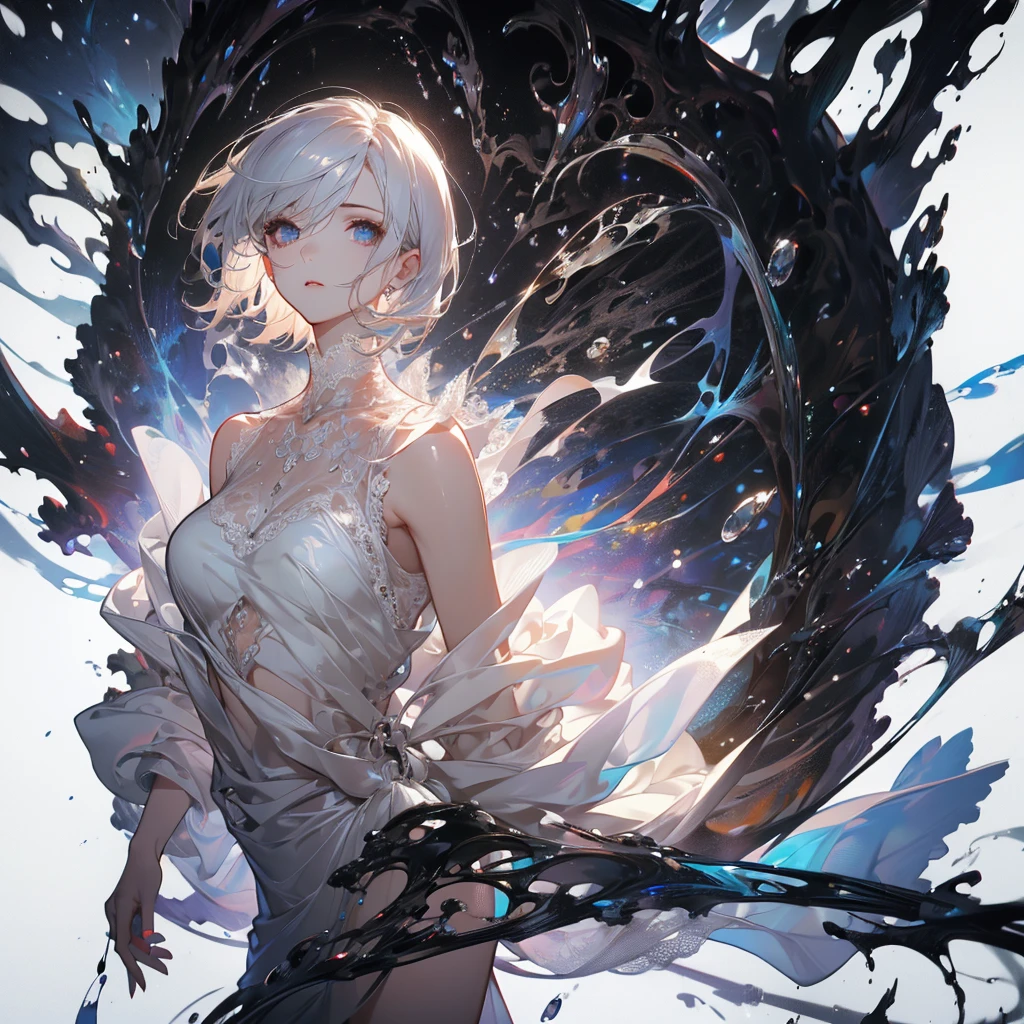 ((masterpiece, best quality)), Delicate face，fighter，whole body,Standing picture，Perfect body proportions，short hair，beautiful eyes，Fantasy style，White background，transparent，Lace，NUDE，Charm