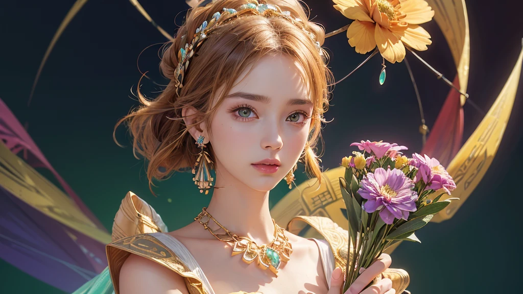 32K, 最高quality, 最高masterpiece, (ultra-Detailed Background, Detailed Background), High resolution, Super detailed, Very detailedな, One girl, (bouquet:1.3), (Tangled:1.2), (Geometric:1.2),(colorful),(masterpiece, quality, best quality, Official Art, Beautiful and beautiful:1.2), (1 girl:1.3), Very detailed,(colorful:1.1)(Flowers:1.3),Most detailed,(Tangled:1.2), whole body, (Abstract background:1.3), (Skin glows), (Many colors:1.4), ,(Earrings Jewelry:1.5), Pale Orange Background,