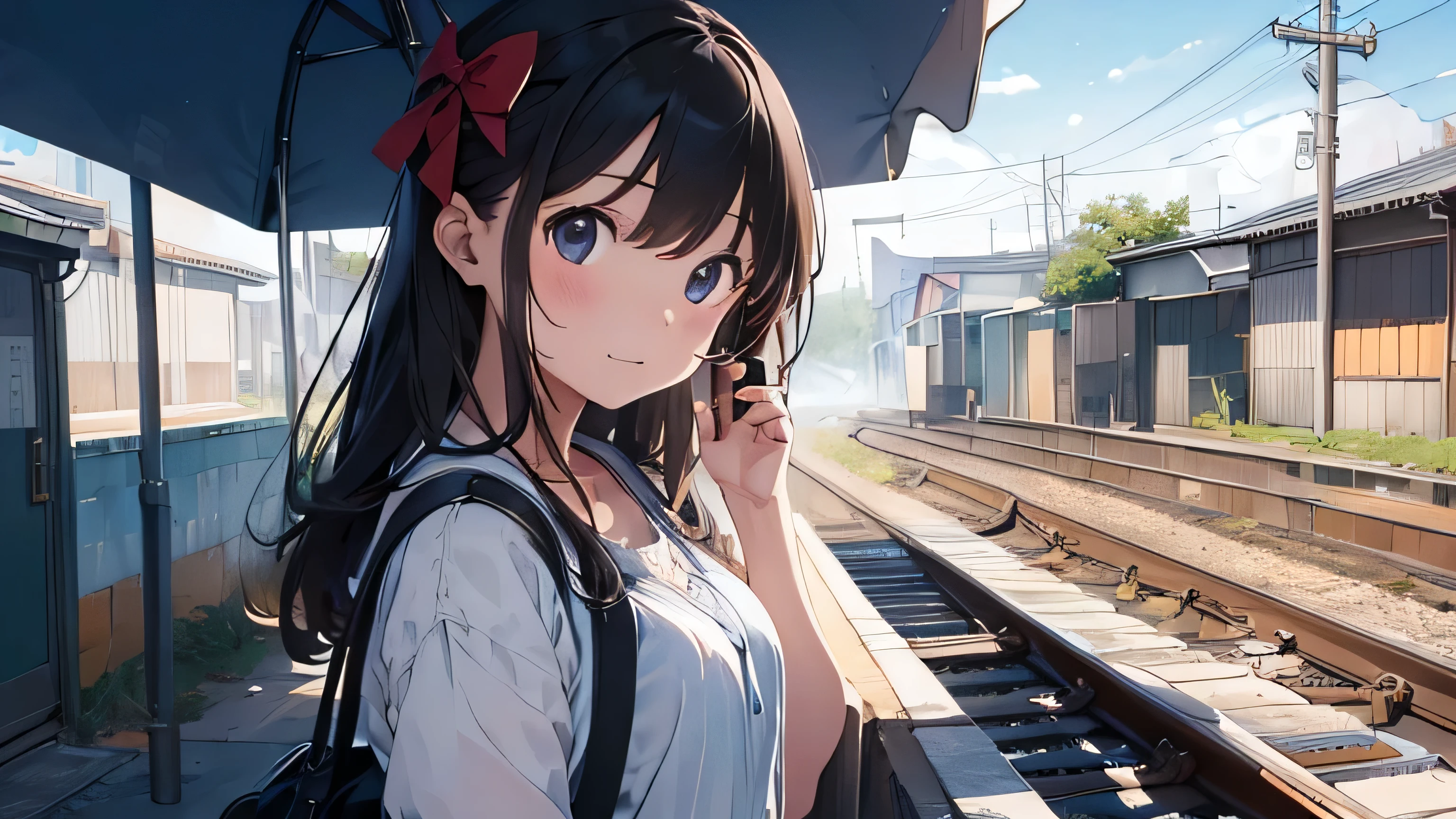 (masterpiece:1.2)、(Highest quality:1.2)、(Super detailed:1.2)、A girl at a station in the sea、blue sky、cumulonimbus、there&#39;s nothing around