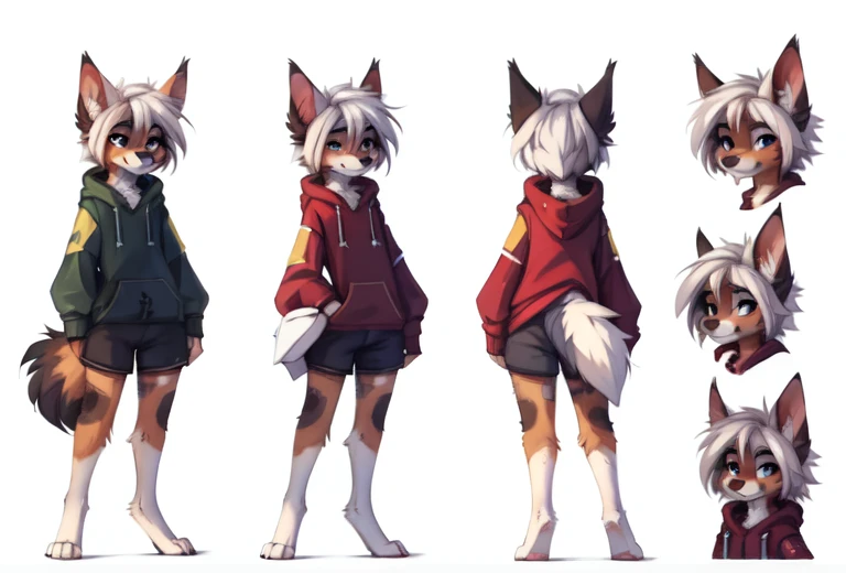 (((White background, no background, reference sheet))), High quality, 8K, by kenket, by swaybat, by reysi, by Zackary911, by hyattlen, by teranen, by fumiko, by Pixelsketcher, by Bayard Wu, by Einshelm, by Kilinah, by Hioshiru, by fluff-kevlar, by Dimwitdog, Furry, Anthro, solo, ((australian shepard)), ((female)), ((young)), fluffy tail, slender, ((short white hair)), chest fluff, short, erotic, small breasts, hoodie, track shorts, pony tail, cute, smug, university,

reference sheet, model sheet