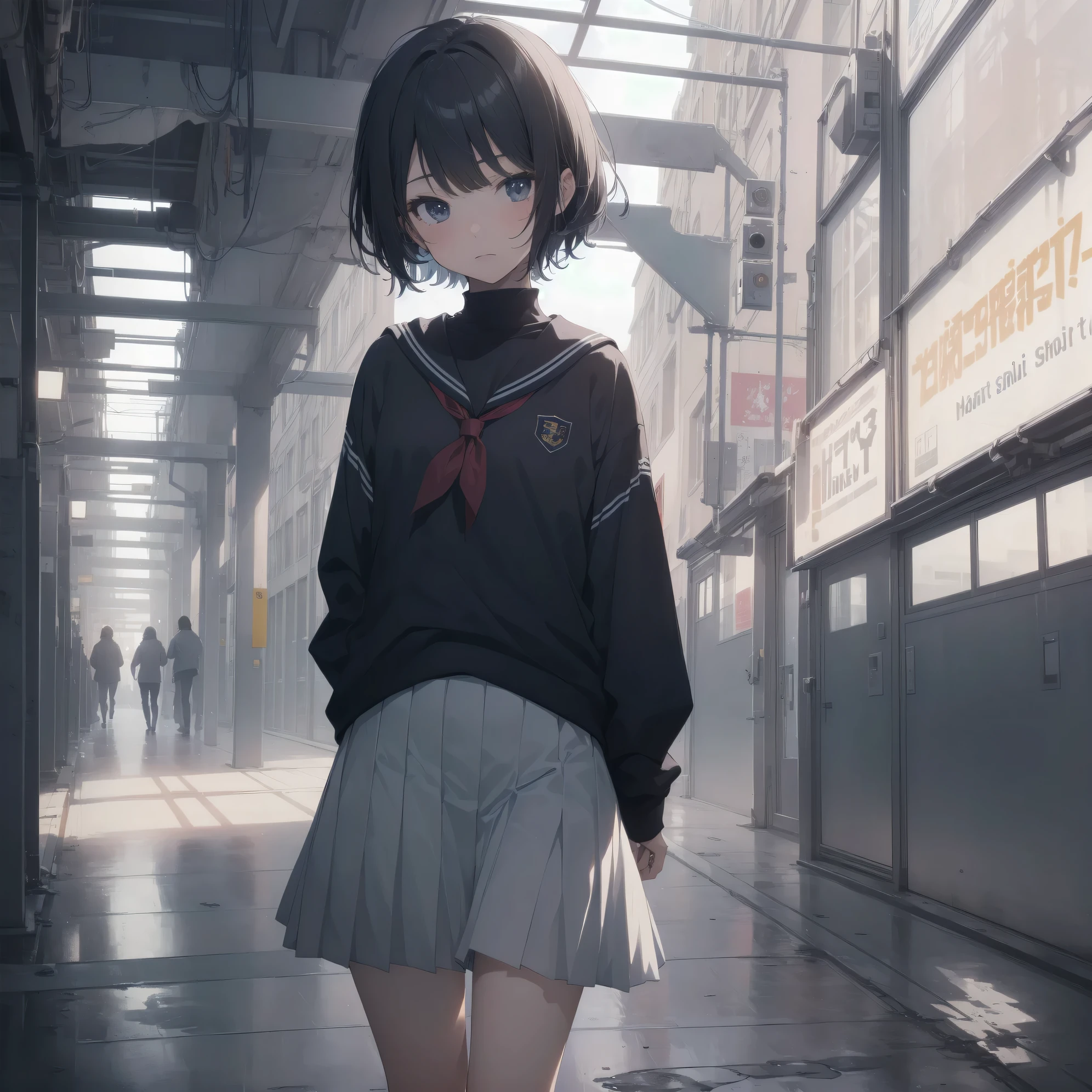 ultra-absurdres-Top quality by artist God, ultra-detailed, high resolution, anime moe artstyle, best anime 8k konachan wallpaper, pixiv contest winner, pool:2810, perfect anatomy,break, 1girl, (Please draw a girl walking sleepily to school alone. )break,(Solo,little female, 13-year-old:1.3),Full limbs, complete fingers,a junior high school student, (very short hair), short cut, flat chest, , small butt, small black eyes, beautiful detailed eyes, well-proportioned iris and pupils, expressive eyes, highres detailed hair, soft expression, salor school_uniform, sailor collar, serahuku, bow, pleated skirt,(Detailed Lighting), (Detailed background), in the School commute route. break,super detailed skin, Best cinematic lighting powered by famous artist, 8k,beauty illustration,photoshop_(medium),very aesthetic,break,((artist:nekotoufu )), artist:clamp ,artist:carnelian ,artist:kantoku ,