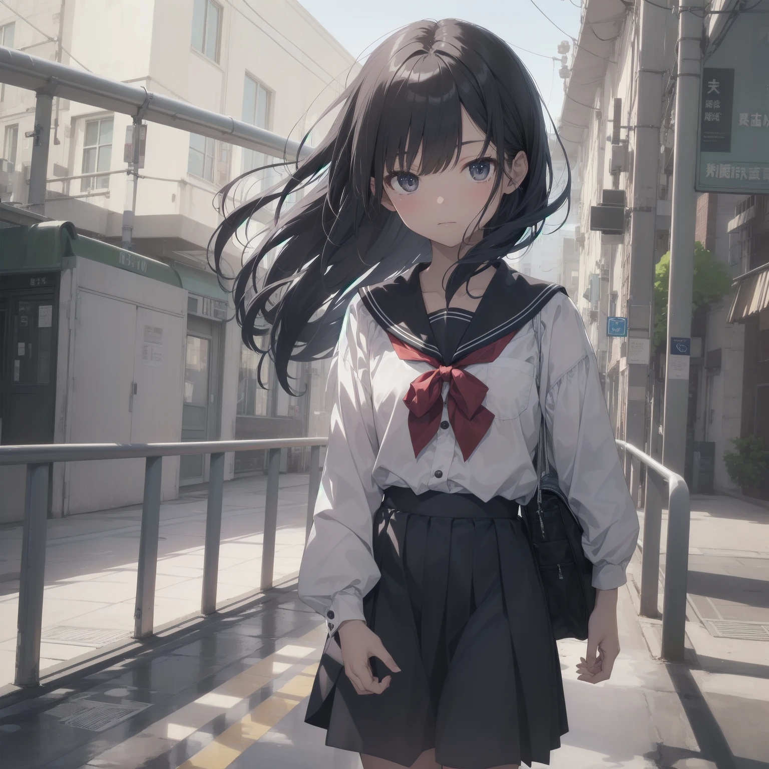 ultra-absurdres-Top quality by artist God, ultra-detailed, high resolution, anime moe artstyle, best anime 8k konachan wallpaper, pixiv contest winner, pool:2810, perfect anatomy,break, 1girl, (Please draw a girl walking sleepily to school alone. )break,(Solo,little female, 13-year-old:1.3),Full limbs, complete fingers,a junior high school student, (very short hair), short cut, flat chest, , small butt, small black eyes, beautiful detailed eyes, well-proportioned iris and pupils, expressive eyes, highres detailed hair, soft expression, salor school_uniform, sailor collar, serahuku, bow, pleated skirt,(Detailed Lighting), (Detailed background), in the School commute route. break,super detailed skin, Best cinematic lighting powered by famous artist, 8k,beauty illustration,photoshop_(medium),very aesthetic,break,((artist:nekotoufu )), artist:clamp ,artist:carnelian ,artist:kantoku ,