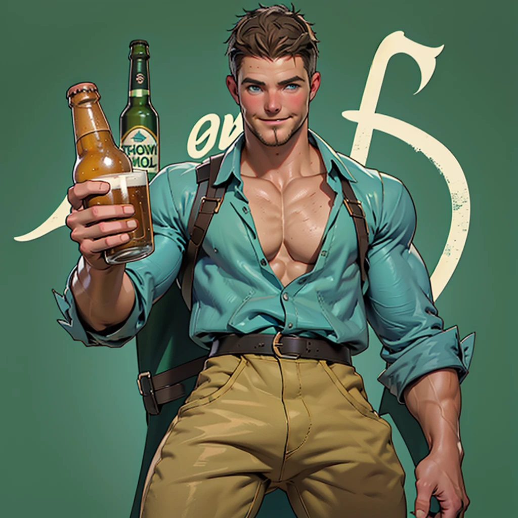 ,SOLO MAN , tavern ambiance and background、detailed face , detailed body part , detailed hands , detailed fingers, A handsome tall man standing (((Stephen AMELL))) ,He is 40 years old,Thin waist,The pectoral muscles are well developed, He is 175cm tall,Weight 62 kg、blue-green eyes、brown hair color、short hair, wearing vintage jeans showing a bulge, looking at the viewer ,Smiling,Lots of beer bottles,holding a beer bottle in his hand and saying cheers to friends