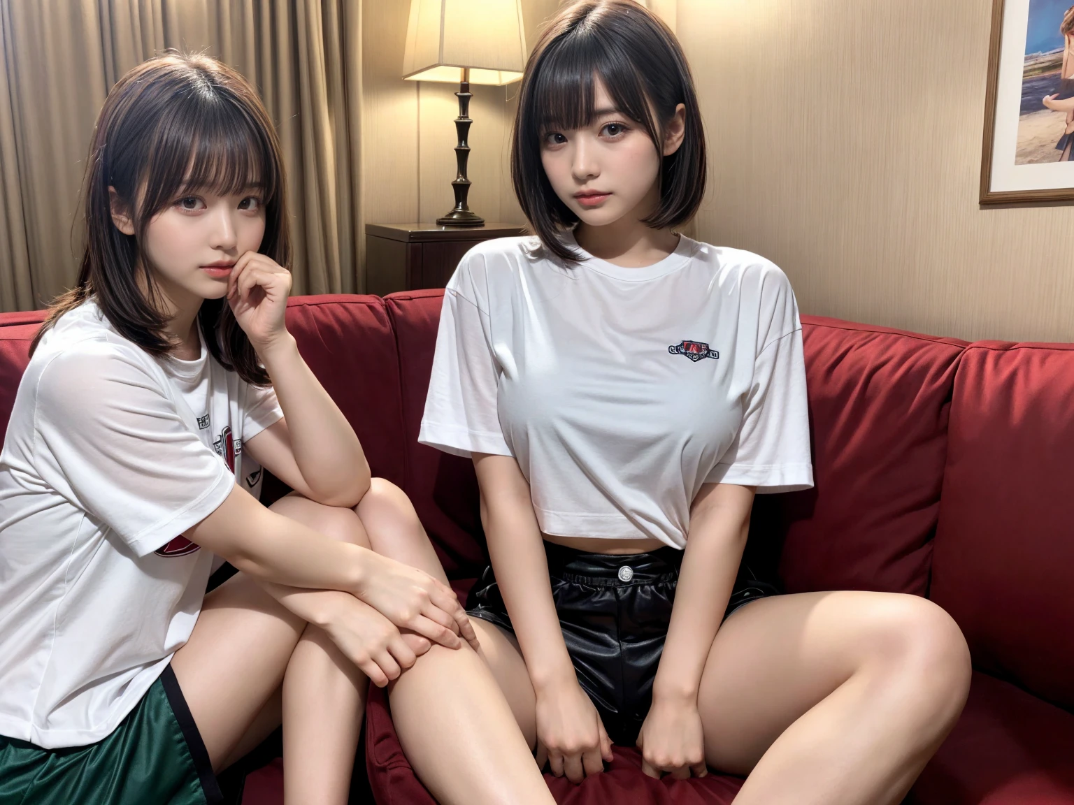 masterpiece, best quality, illustration, Super detailed, fine details, High resolution, 8K,wall paper, perfect dynamic composition,(Details High quality, realistic depiction of eyes:1.3), (2 girls), oversized sport shirt, shorts women, sitting, open legs, short bob hair, in a hotel room in the background, deep on field, large breasts, black hair color, Big Natural Color Lip, (perfect body shape), crying a little、Harajuku style、20 year old girl、cute type、beautiful legs, Gravure Idol