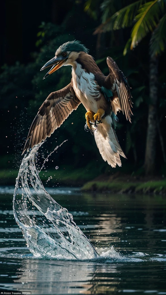 
A stunning high-speed photo that captures the exact moment a majestic eagle dives into the water, its brightly colored wings spread wide. The bird managed to catch small fish with its sharp and strong jaws, making it difficult for the fish to grasp it. The splash caused by the kingfisher's entry into the water is frozen in time, creating a burst of rippling water that contrasts against the black background. The kingfisher is illuminated in the frame, drawing attention to its striking features and bright colors