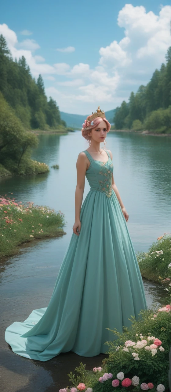 Princes standing nearby the river side ,clouds light pink ,green and blue mix dress ,long dress ,nature flowers made crown,(Hd 4k 8k quality full high resolution high quality )long beautiful shining hairs black colur , day time , moutains behind,flying dear behind,