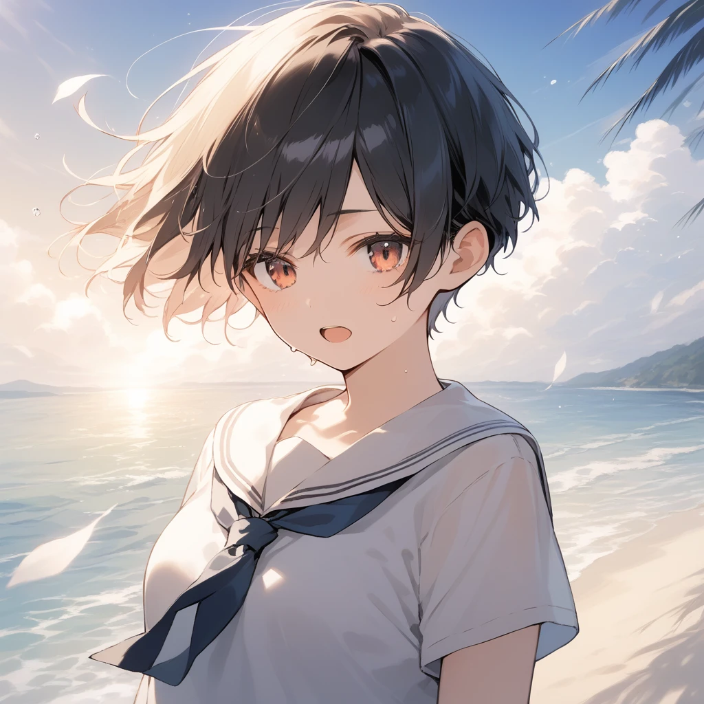 score_9, score_8_up, score_7_up, source_anime, best quality, masterpiece, official art, absurdres, highres, ultra-detailed,waifu2x,Collection: Slice of Life,break,1girl, tomboy, very short hair, pixie cut, breasts, beautiful detailed eyes, expressionless, serahuku, beautiful detailed eyes, sweat, open mouth, (yawn:0.3), sleepily, outdoors, wind, beach,break,(clear line illustration:1.2), super detailed skin,very high resolution, very aesthetic, Best sexual lighting powered by famous artist, 8k,cute picture,beauty illustration,photoshop_(medium),,(Detailed Lighting),best anime 8k konachan wallpaper, pixiv contest winner,