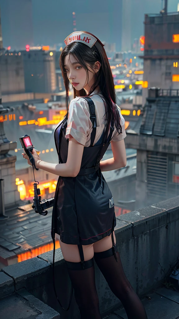 masterpiece, best quality,high resolution, 1 girl,from below,(매우 얇고 straight legs),,(매우 long legs,straight legs),,high heel,long legs,stand on all fours, 정면에서 보면 long legs, perfect body,with perfect legs,(Exterior),Telegraph slang,cyberpunk figures,dynamic pose,1 girl,Exquisite eyes,brown eyes,eye shadow,to put on make up,long gray hair, detailed face, detailed eyes, looking at viewer, blusher\(to put on make up\), plump lips, red lip,(long gray hair:1.3), (stand on all fours)Mechanically static,Summon Mech,(headdress:1.1),headgear,((((dressed like a nurse)))),(black lace stockings,stocking suspenders),hospital,Luminous winding,With a gun in my hand,weapon,Cyberpunk Lighting:1.1),neon lights,Completely mechanical and futuristic elements,technology,The background is downtown New York,distance, sky sky, cyberpunk figures, lantern, Neon Super Resolution,(realism:1.3),1(slim:1.2),dramatic lighting,vivid details,classy cyberpunk,complex background,Rendering with high octane,
