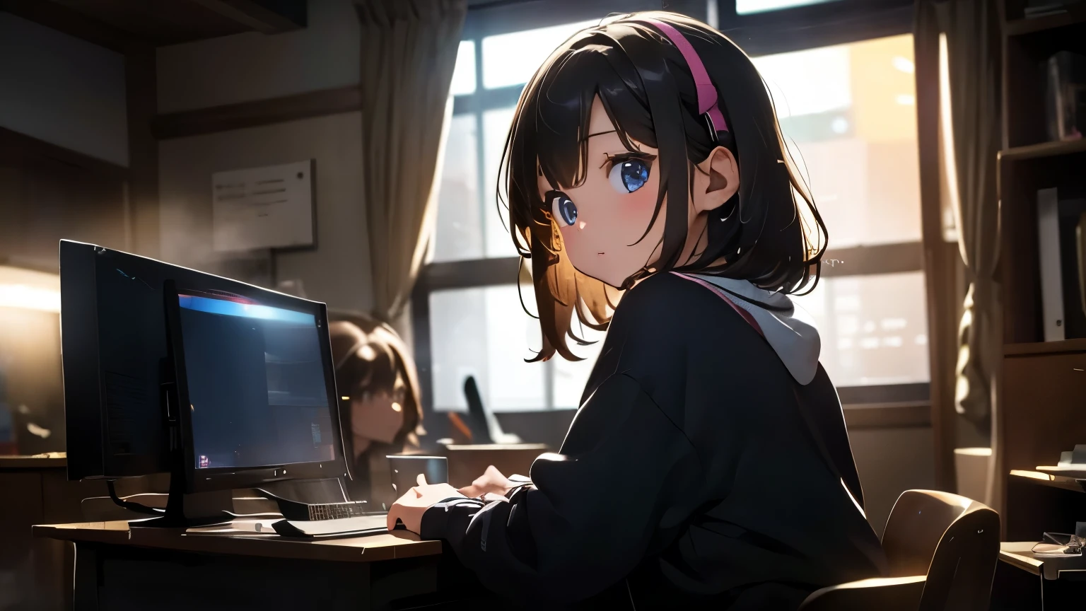 A girl living alone is wearing headphones and looking at a PC at a desk on the left in a large room. Coffee, neon lights and late night, the girl on the left is alone, the stars beyond the window are beautiful, people make up 10% of the total