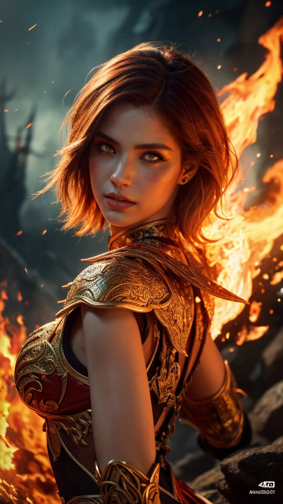 a beautiful woman with short fiery red hair, detailed eyes, full lips, and a slim figure, wearing a revealing fantasy outfit with fire elemental patterns and designs, surrounded by swirling flames and fire energy, in a fantastical, otherworldly landscape, (best quality,4k,8k,highres,masterpiece:1.2),ultra-detailed,(realistic,photorealistic,photo-realistic:1.37),intricate details,HDR,UHD,vivid colors,fantasy,cinematic lighting,dramatic pose,hyper detailed,volumetric lighting,highly detailed facial features,extremely detailed skin,extremely detailed clothing,extremely detailed background,extremely detailed fire effects,fantasy art,digital art