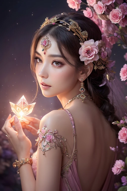 ((Masterpiece,Ultra-high resolution, high resolution, 8k, Fractal Art,Octane, Fantastic,Aesthetic,Intricate details)) From fantasy,Beautiful dusky pink flower goddess fortune teller,Mysterious presence,Emits a powerful, mysterious aura from bottom to top,Gemstone Garden, Elegant and sophisticated features with perfect shading and realistic skin texture. she (Crystal Eye) It's wonderful.、It is the focus of this image. (she eyes extremely detailed, Beautiful attention to detail, macro). she eyes feature intricate detailing with clearly defined irises and bright sclera. sheはクラシックな模様のロングドレスを着ている,Long sleeve,A dress made of jewels and details,soft lips are smooth and very puffy, sheの肌は淡い紅潮と華麗なクラシカルな模様で飾られている. she long gown is stunning and expensive, Made of pure flame and brilliant light,Gorgeous jewels that sparkle in the light.