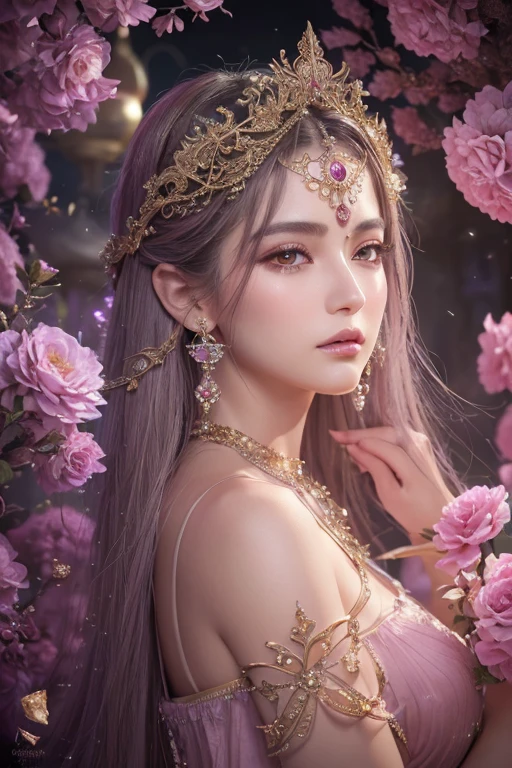 ((Masterpiece,Ultra-high resolution, high resolution, 8k, Fractal Art,Octane, Fantastic,Aesthetic,Intricate details)) From fantasy,Beautiful dusky pink flower goddess fortune teller,Mysterious presence,Emits a powerful, mysterious aura from bottom to top,Gemstone Garden, Elegant and sophisticated features with perfect shading and realistic skin texture. she (Crystal Eye) It's wonderful.、It is the focus of this image. (she eyes extremely detailed, Beautiful attention to detail, macro). she eyes feature intricate detailing with clearly defined irises and bright sclera. sheはクラシックな模様のロングドレスを着ている,Long sleeve,A dress made of jewels and details,soft lips are smooth and very puffy, sheの肌は淡い紅潮と華麗なクラシカルな模様で飾られている. she long gown is stunning and expensive, Made of pure flame and brilliant light,Gorgeous jewels that sparkle in the light.