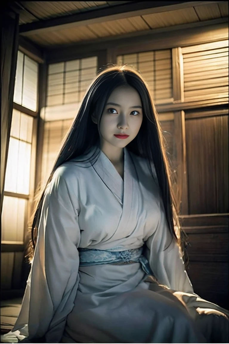 Zashiki-warashi, traditional Japanese spirit, eerie and unsettling smile, wearing a tattered kimono, sitting on tatami mats in a pitch-dark room, old Japanese house, shoji sliding doors slightly ajar, wooden beams casting sinister shadows, flickering candlelight casting eerie glows, deeply unsettling and ominous atmosphere, traditional Japanese decor, overwhelming sense of dread and fear, ethereal and menacing ghostly presence, spine-chilling and haunting ambiance --ar 9:16 --v 6.1