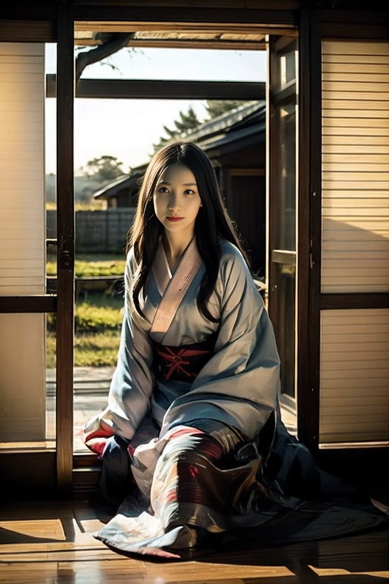 Zashiki-warashi, traditional Japanese  spirit, eerie and unsettling smile, wearing a tattered kimono, sitting on tatami mats in a pitch-dark room, old Japanese house, shoji sliding doors slightly ajar, wooden beams casting sinister shadows, flickering candlelight casting eerie glows, deeply unsettling and ominous atmosphere, traditional Japanese decor, overwhelming sense of dread and fear, ethereal and menacing ghostly presence, spine-chilling and haunting ambiance --ar 9:16 --v 6.1