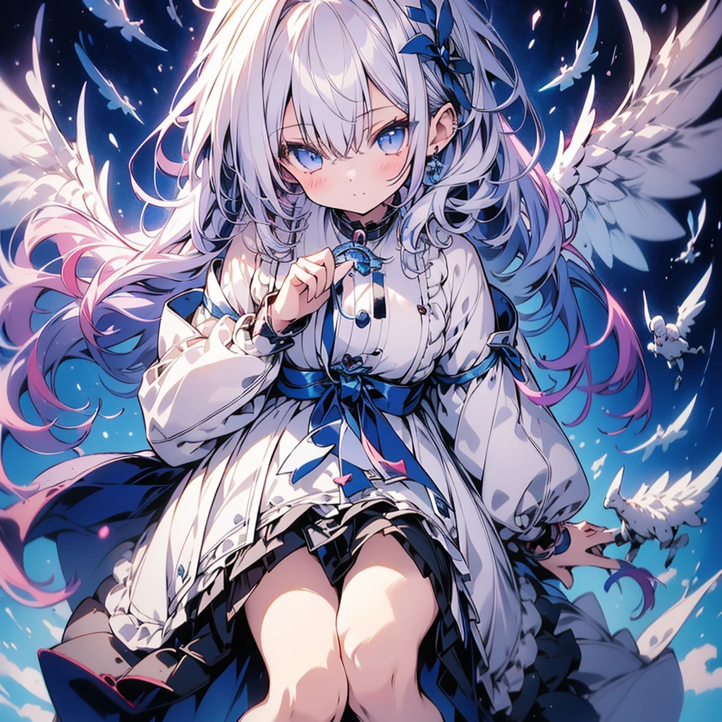 1girl,(((Highest quality、Masterpiece、Official Art、The best dynamic composition、Super detailed、Perfect Anatomy)))、Anime Style、White hair and light blue gradient long hair、Black hooded cloak、Mini Pleated Skirt、Baby Face、Holding a giant cute magic wand at an angle with both hands、ステッキからはピンク色の❤の魔法がでている、