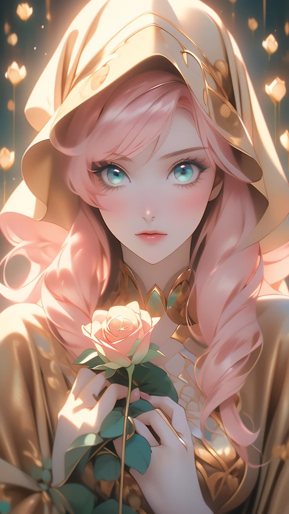 a woman wearing a gold hoodie and looking through a rose in her hand, 1girl, solo, flower, hood, rose, holding flower, long hair,(risheirmgardweitzner,pink_hair,aqua_eyes,:1.2),