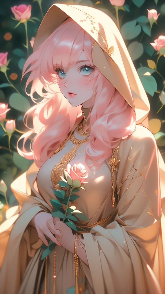 a woman wearing a gold hoodie and looking through a rose in her hand, 1girl, solo, flower, hood, rose, holding flower, long hair,(risheirmgardweitzner,pink_hair,aqua_eyes,:1.2),