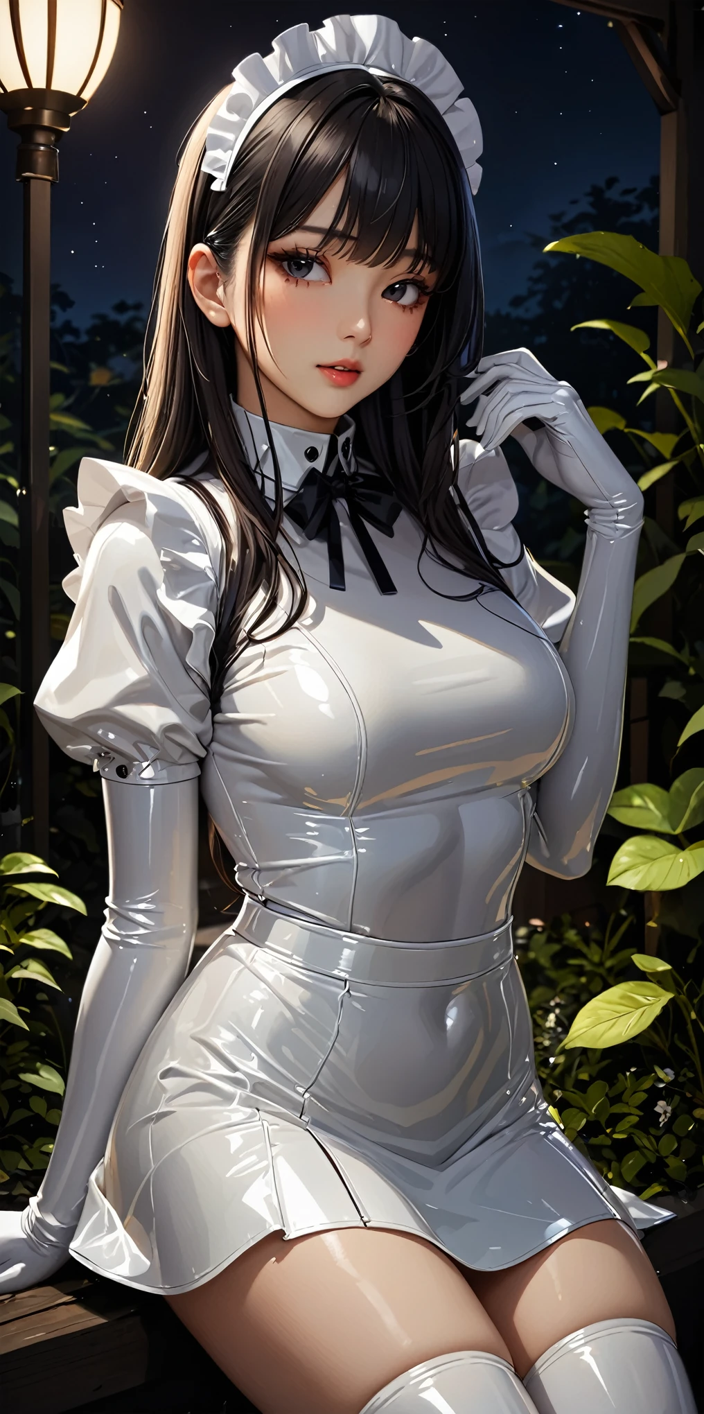 portrait、(masterpiece,of the highest quality,ultra high resolution),japanese women, (((Very beautiful girl of 25 years))),(White Latex Maid Costume.)、(Long white latex skirt.)、(A white long-sleeved latex shirt that covers the upper part of the body.)、Long white latex gloves.、White latex socks.、latex suit、Clothes fit the body、The latex is very shiny.、Dark garden at night、