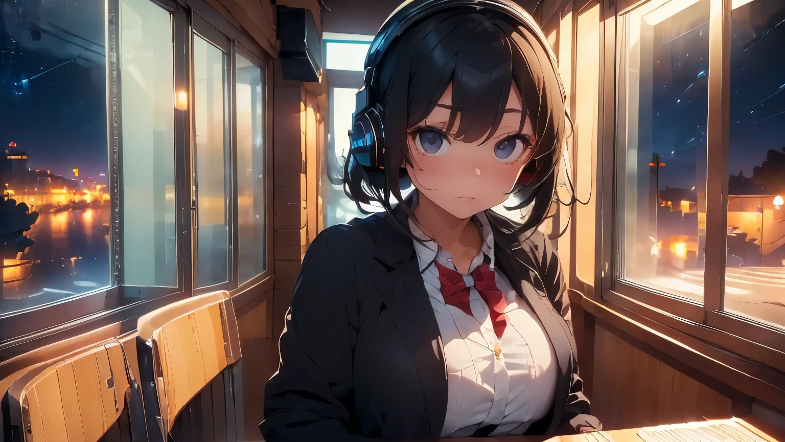 (Top quality, masterpiece),(Girl living alone, headphones, facial expression, black eyes, looking ahead, black hair, sitting at desk, full body), (Coffee, neon lights, late night, beautiful starry sky beyond the window, large room, dark, meteor cloud),(Lo-fi art style)