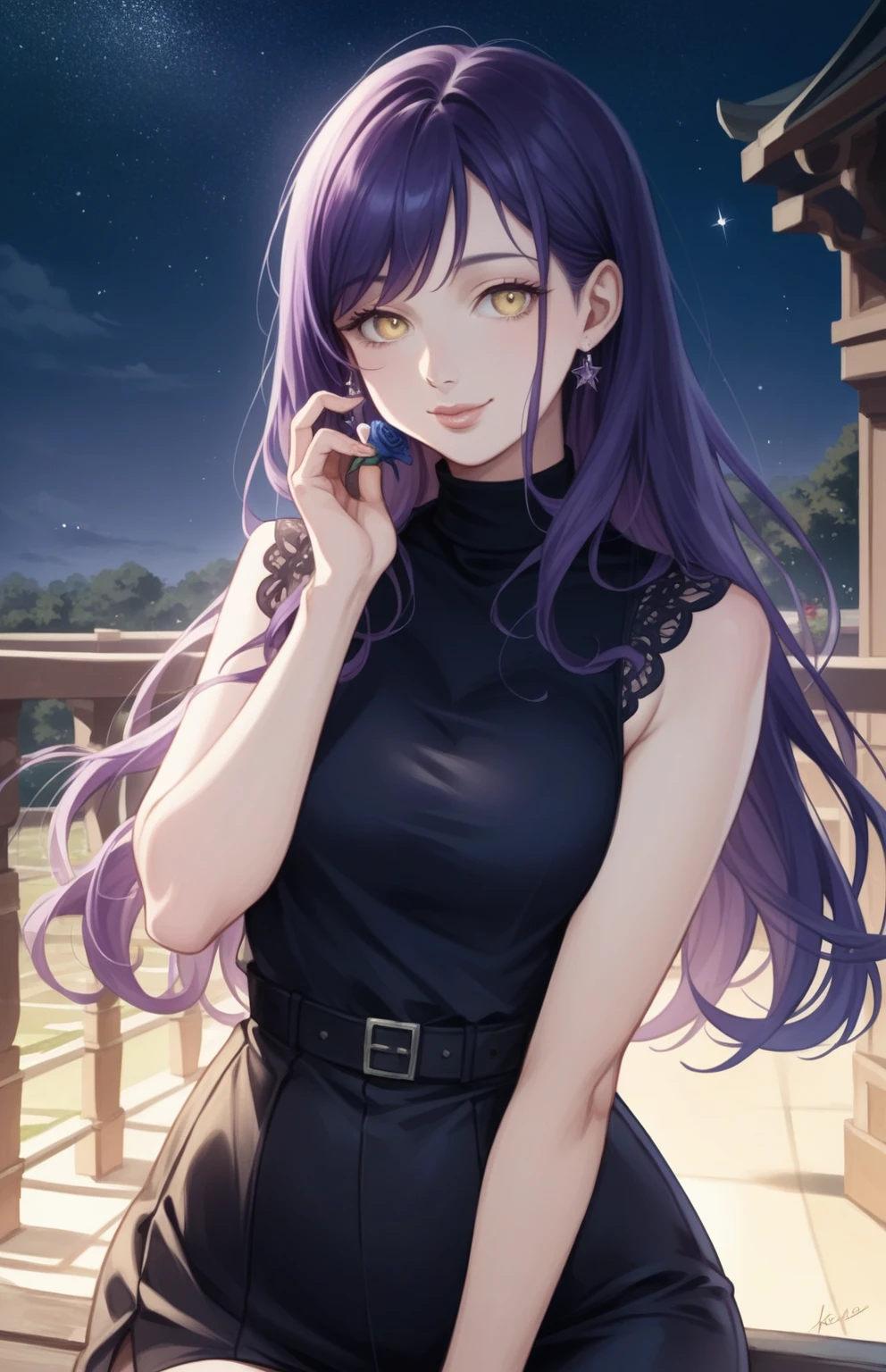 masterpiece、highest quality、High resolution、high quality images、8k, 1 female、skin luster、Texture of skin and clothing、Expression of fine eyes、shining purple hair,long hair girl, Manga inspired by Lee Jong-suk, trending on deviantart, Realism, detailed manga style, manga art style, perfect line drawing, beautiful line drawing, digital manga art girl, K-POPアイドル, dress, beautiful yellow eyes, plump lips, detailed gorgeous face, (cute smile), charm, innocent, Side view, (perfectly detailed face), (fine hands) photorealistic images, Depth of written boundary, half up hairstyle, (Dark blue turtleneck sleeveless knit)、pencil skirt , corolla , cloud,sky sky,night ,star, garden,Rose,The skin is delicate,Blue Roses are blooming in front of the building., rose background, rosette, beautiful flower garden, pastel roses, blue flower, beautiful and aesthetic, Heavenly Blue, beautiful aesthetics, Pale blue shade, shades of purple, lying on a rose, rose background, pastel overflow, Blue Rose