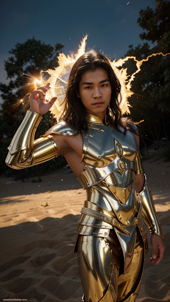  Thai young man is dressed in Thai Angel national costume, exquisite armor,He is 18 years old, he has divine powers,shirtless, muscle, but the beautiful armor has dust, stones, soil and sand floating,His hands are powerful, there is a purple-red lightning flash, the other side has a fire, light background ,Beautiful and realistic fantasy pictures, portrait,