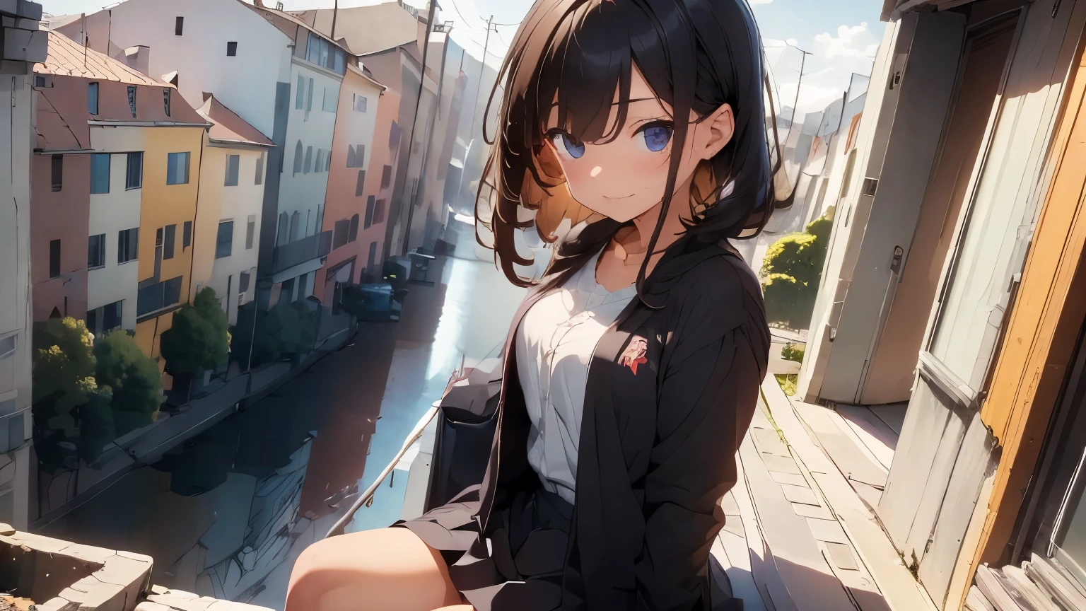 (Top quality, masterpiece) A girl is sitting, top of a building, skyscraper, scenery, wide-angle view, high (Lo-fi art style, perfect shading, very detailed CG)