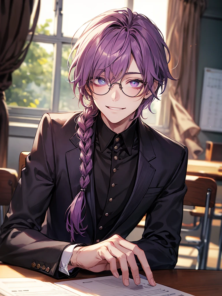 men's,single braid hair,violet colored hair,(Eye 1:2,Clear eyes,Elaborate Eyes,Delicate pupils,Good eyes,eye detailed),Face Focus,Adult,In black suit,best qualtiy,facial detailing,Classroom,sit on desk,sitting in the couch,lazy,Detailed background,diffuse sunlight,depth of fields,Studying Smiling at your desk, violet eyes,black gloves, round glasses, long sleeves,violet hair, smile,