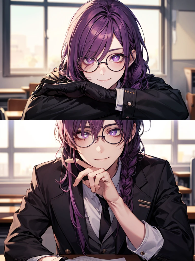 men's，single braid hair，violet colored hair，（Eye 1：2，Clear eyes，Elaborate Eyes，Delicate pupils，Good eyes，eye detailed），Face Focus，Adult，In black suit，best qualtiy，facial detailing，‎Classroom，sit on desk，sitting in the couch，lazy，Detailed background，diffuse sunlight，depth of fields，Studying　Smiling at your desk, violet eyes,black gloves, round glasses, long sleeves,violet hair, smile,
