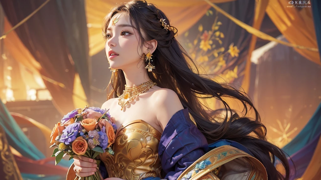 32K, 最高quality, 最高masterpiece, (ultra-Detailed Background, Detailed Background), High resolution, Super detailed, Very detailedな, One girl, (bouquet:1.3), (Tangled:1.2), (Geometric:1.2),(colorful),(masterpiece, quality, best quality, Official Art, Beautiful and beautiful:1.2), (1 girl:1.3), Very detailed,(colorful:1.1)(Flowers:1.3),Most detailed,(Tangled:1.2), whole body, (Abstract background:1.3), (Skin glows), (Many colors:1.4), ,(Earrings Jewelry:1.5), Pale Orange Background,