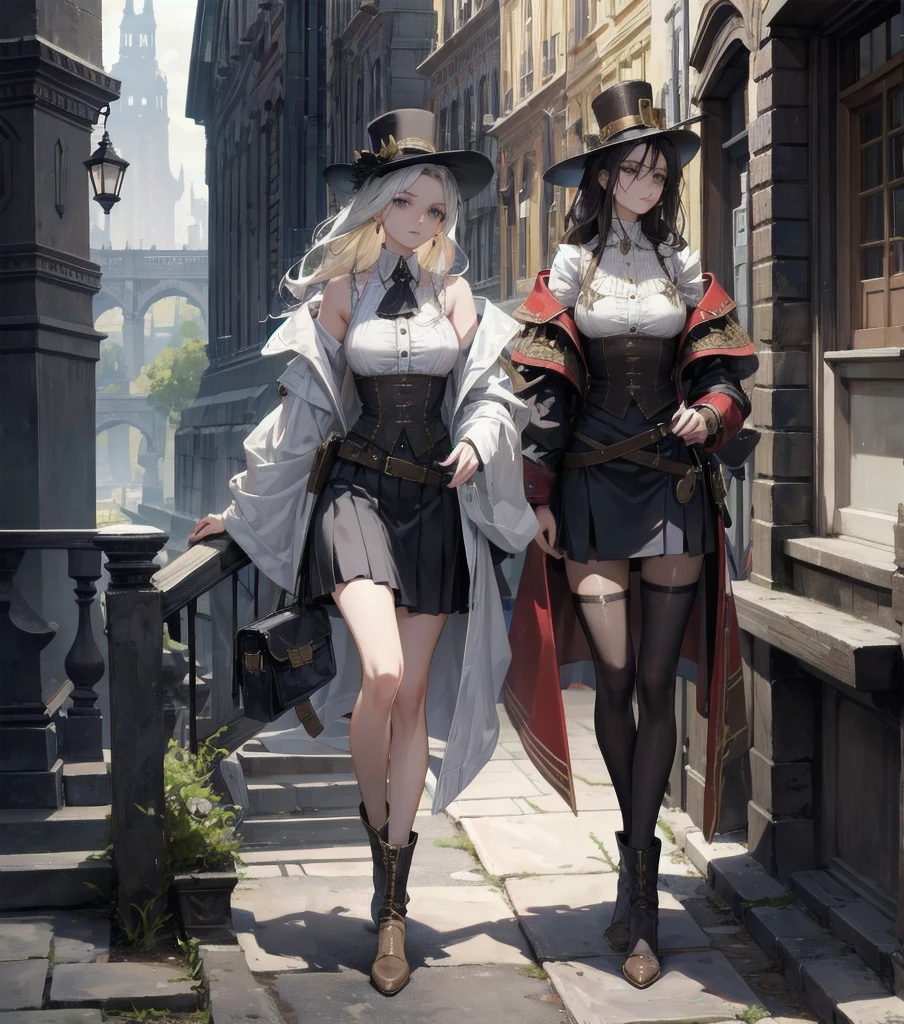 absurdres, RAW photo, extremely delicate and beautiful, masterpiece, Best Quality, ultra high resolution, 32k, hyperrealistic, ultra-detailed, Very detailed CG 8k wallpaper, detailed background, landscape, Beautiful Lighting, Perfect Lightning, Realistic Shadows, perfect , anatomically correct, ideal ratio body proportions, perfect figure, Perfect Style, Perfect balance, super Detailed skin, in her 30s, very Slim body, narrow waist, very small head, very small face, delicate  features, handsome detailed woman, very detailed eyes and face, realistic face proportions, Realistic beautiful face, Realistic beautiful eyes, tearful mole, earring, whole body shot, very huge round tits, medium hair, asymmetrical hair, wavy hair, steampunk fashion, waistcoat, blouse, hat, boots, short skirt,  shoulder,