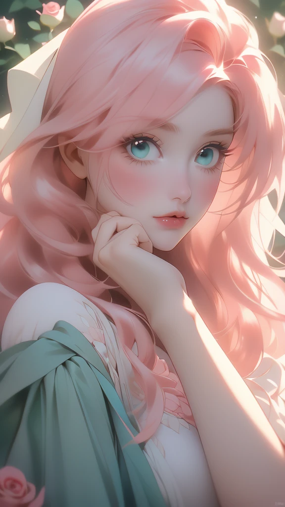 an image of a woman with some pink hair holding a rose up to her face, 1girl, solo, flower, hood, rose, holding flower, long hair,(risheirmgardweitzner,pink_hair,aqua_eyes,:1.2),