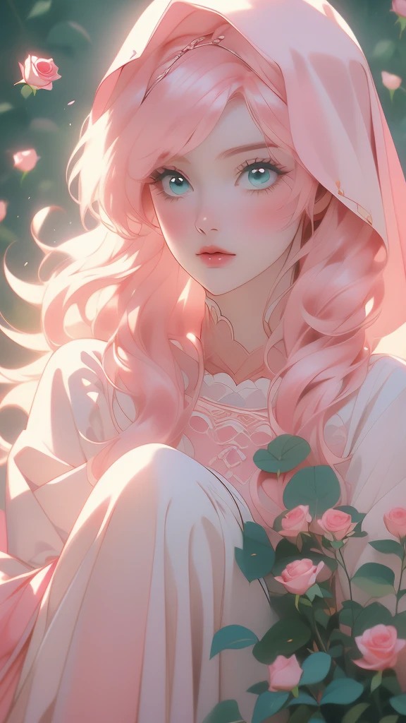 an image of a woman with some pink hair holding a rose up to her face, 1girl, solo, flower, hood, rose, holding flower, long hair,(risheirmgardweitzner,pink_hair,aqua_eyes,:1.2),