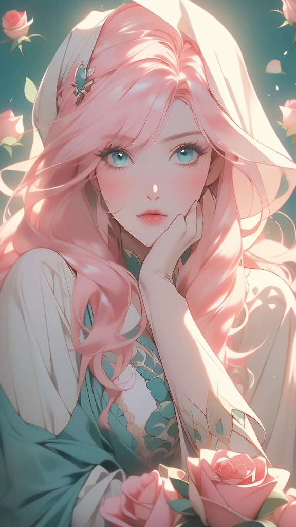 an image of a woman with some pink hair holding a rose up to her face, 1girl, solo, flower, hood, rose, holding flower, long hair,(risheirmgardweitzner,pink_hair,aqua_eyes,:1.2),