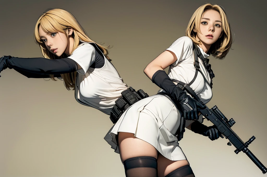 A blonde haired woman stands alone against a refreshing white background。She is wearing a short skirt and thigh-highs.、While holding an assault rifle in a holster、He is wearing gloves that seem to accentuate his sharp teeth.。Scopes and triggers are professionally maintained、The discipline of triggering is conveyed。A weight-bearing vest adorns her torso.、When you hold the weapon, the yellow eyes shine with focus.。