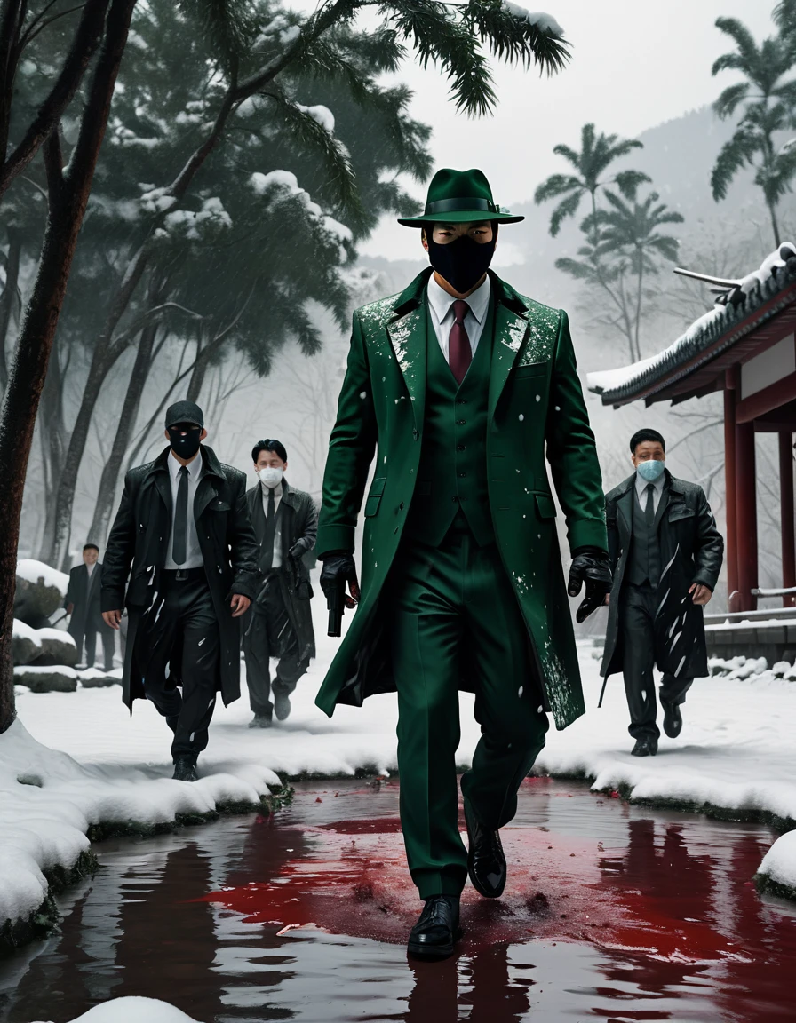 a photorealistic rorschach character in jungle, 6 feet tall, with half face covered with grey mask, black eyes, black hair, a injury cut on his face , wearing a dark green suit, full shot, walking in snow in between two gangs chinese gang figting with guns blazing, blood scattering all around, the snow ground which  is covered in pool of blood, background covered with trees, night lighting, dramatic lighting