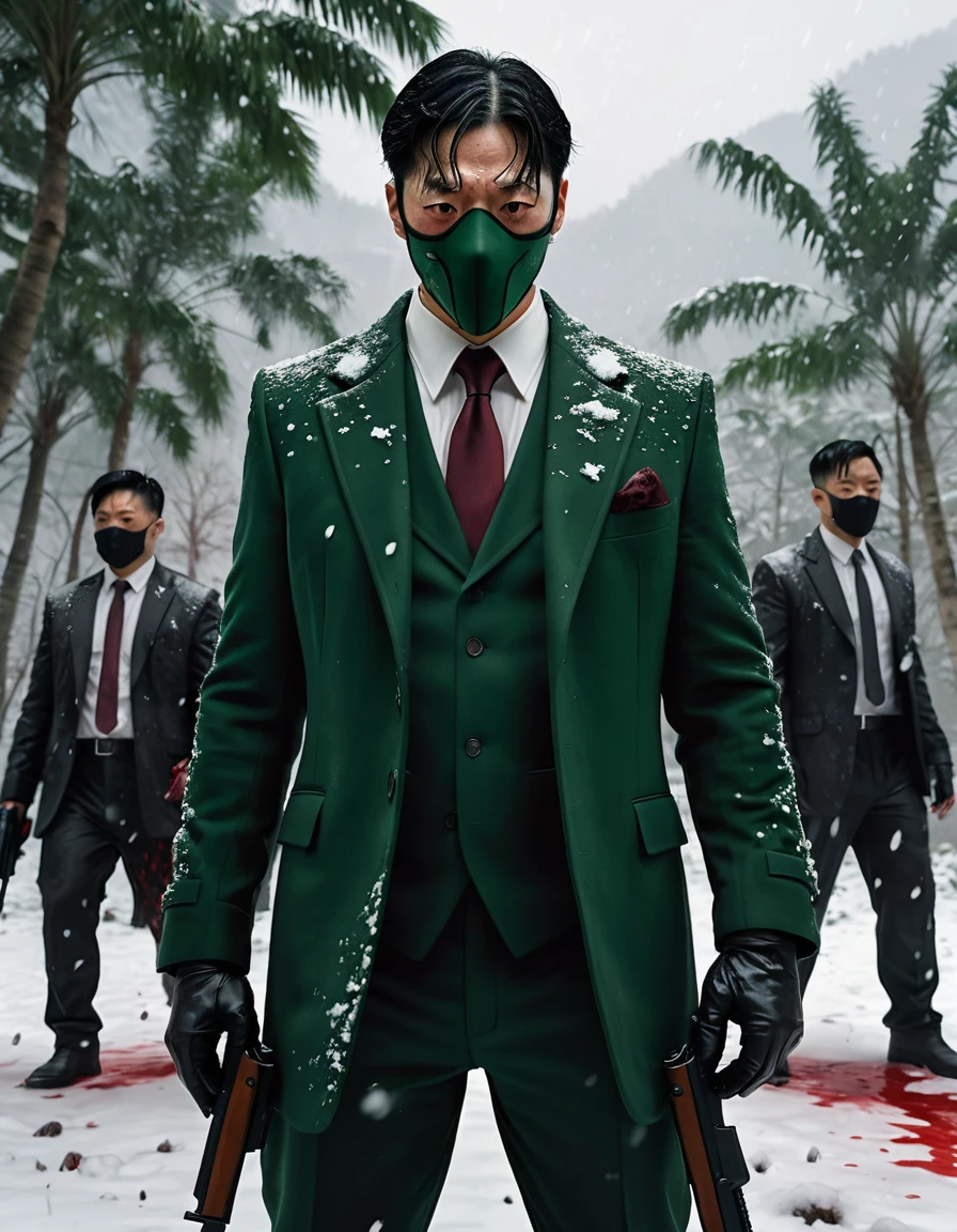 a photorealistic rorschach character in jungle, 6 feet tall, with half face covered with grey mask, black eyes, black hair, a injury cut on his face , wearing a dark green suit, full shot, walking in snow in between two gangs chinese gang figting with guns blazing, blood scattering all around, the snow ground which  is covered in pool of blood, background covered with trees, night lighting, dramatic lighting