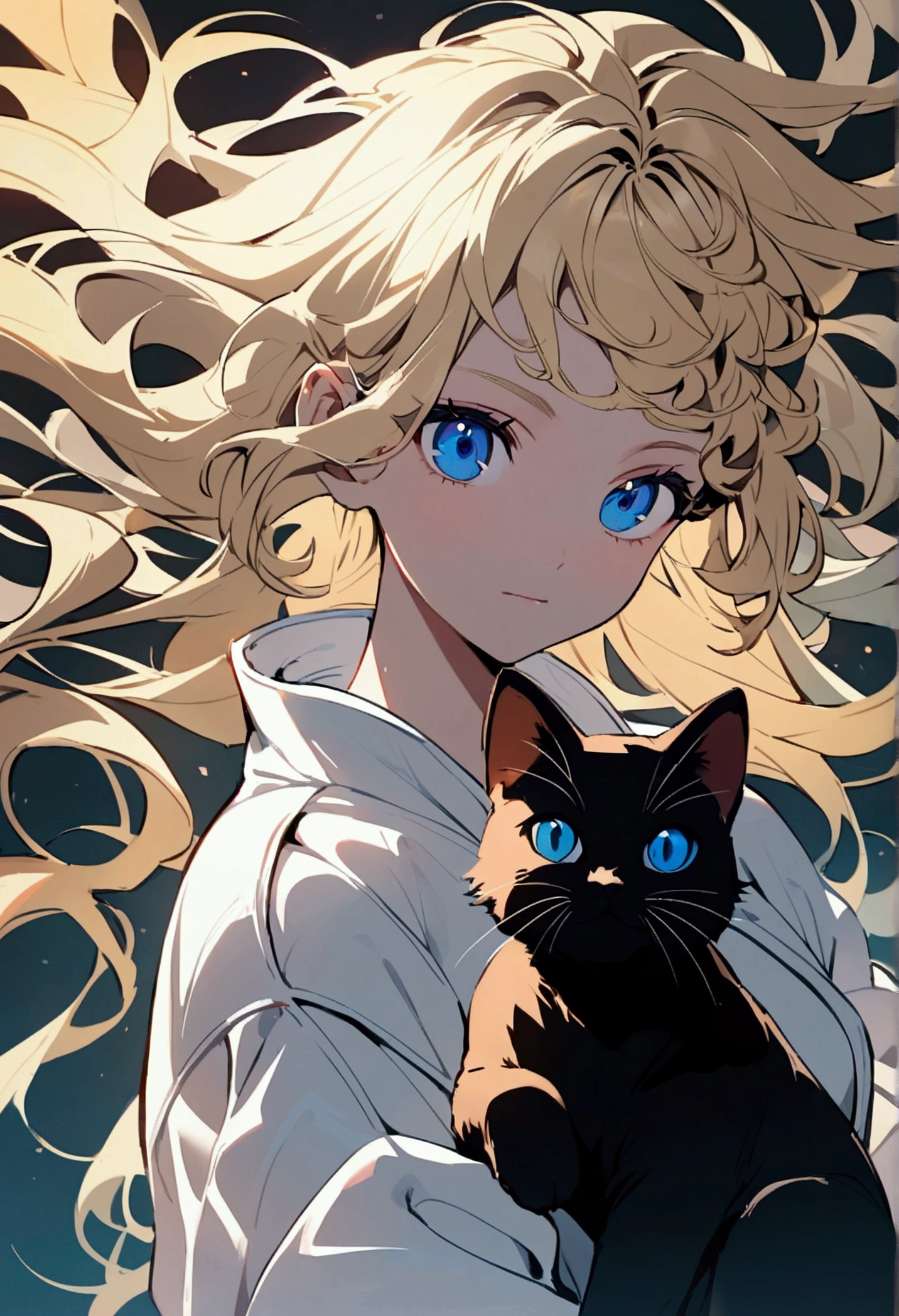 Anime (blond wild hair shoulder length, blue eyes) in karate suit with black cat