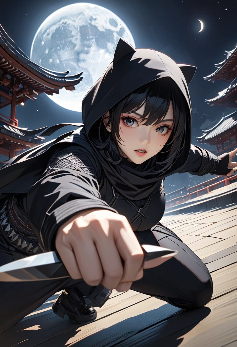 masterpiece,Supremely detailed,High resolution,8k,Detailed face、Detailed skin、Detailed Hair、One person、Ninja、Kunoichi、Black Hood、Throwing a Kunai、Posing、full moon、moonlight、Sharp Eye、Detailed view、Artistic shadows、Dynamic composition、Dynamic Angle、