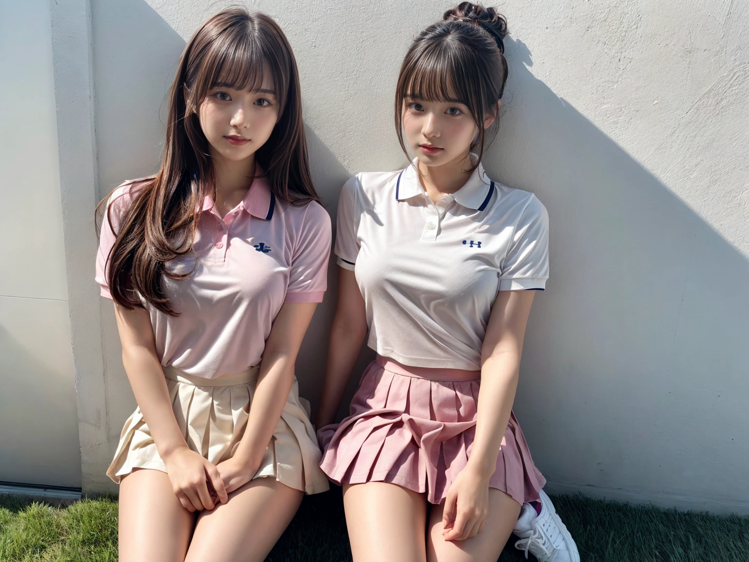 masterpiece, best quality, illustration, Super detailed, fine details, High resolution, 8K,wall paper, perfect dynamic composition,(Details High quality, realistic depiction of eyes:1.3), (2 girls), BREAK (white theme:1.4), (tucked-out short sleeve white polo shirt:1.4), (pink lines on tops outline:1.3), (pure white pleated mini skirt:1.3), (hem of top covers top half of skirt:1.3), (pink fluffy scrunchie on wrist:1.3), (white and pink sports shoes:1.2), sitting, open legs, short bob hair, in a hotel room in the background, deep on field, large breasts, black hair color, Big Natural Color Lip, (perfect body shape), crying a little、Harajuku style、20 year old girl、cute type、beautiful legs, Gravure Idol