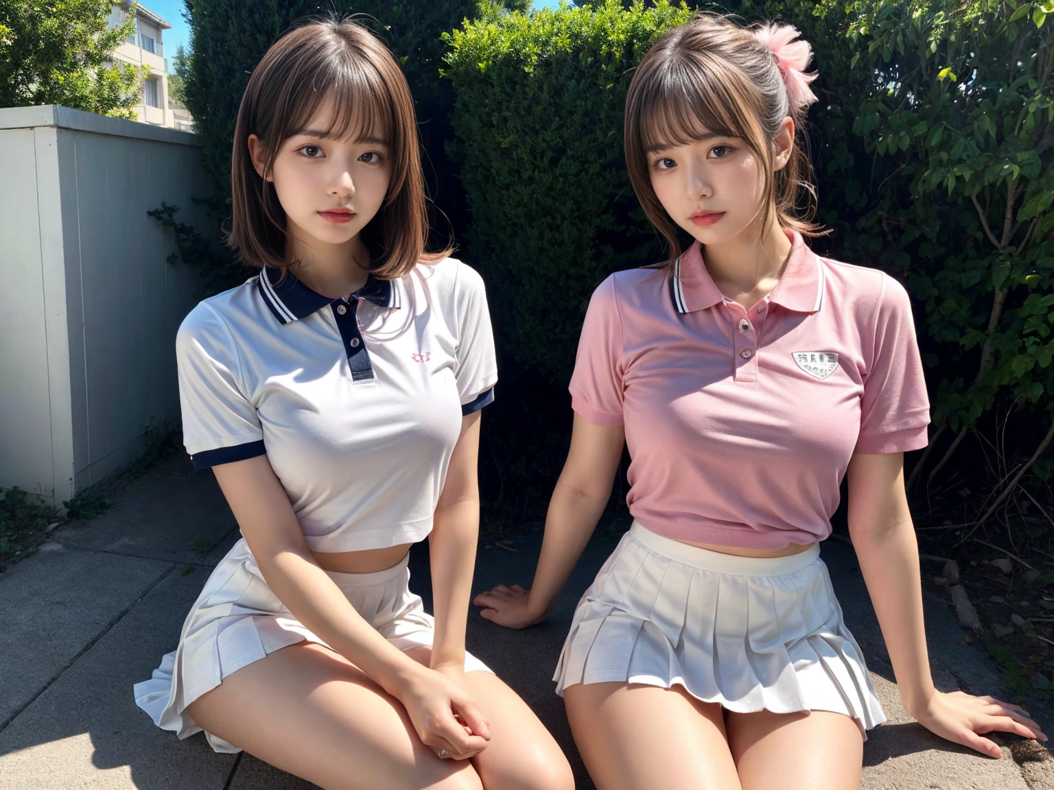 masterpiece, best quality, illustration, Super detailed, fine details, High resolution, 8K,wall paper, perfect dynamic composition,(Details High quality, realistic depiction of eyes:1.3), (2 girls), BREAK (white theme:1.4), (tucked-out short sleeve white polo shirt:1.4), (pink lines on tops outline:1.3), (pure white pleated mini skirt:1.3), (hem of top covers top half of skirt:1.3), (pink fluffy scrunchie on wrist:1.3), (white and pink sports shoes:1.2), sitting, open legs, short bob hair, in a hotel room in the background, deep on field, (large breasts:1.2), black hair color, Big Natural Color Lip, (perfect body shape), crying a little、Harajuku style、20 year old girl、cute type、beautiful legs, Gravure Idol