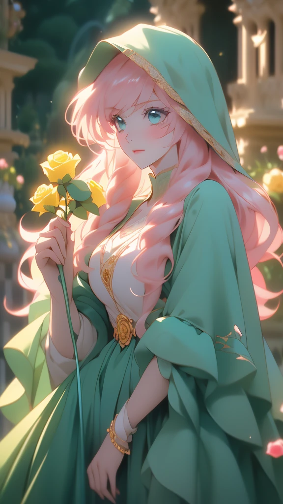 a beautiful young girl wears yellow jacket while holding rose in one hand, 1girl, solo, flower, hood, rose, holding flower, long hair,(risheirmgardweitzner,pink_hair,aqua_eyes,:1.2),