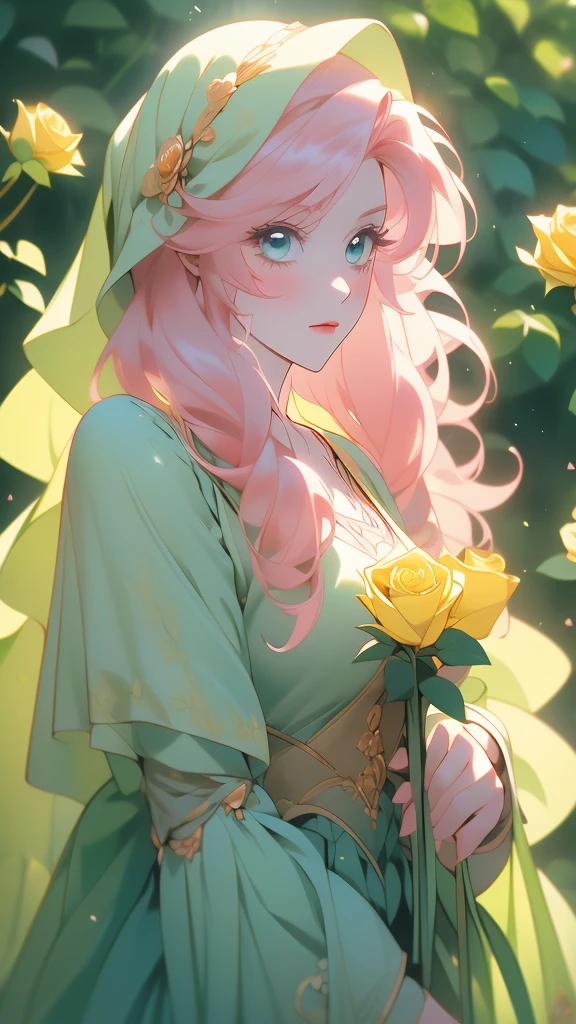 a beautiful young girl wears yellow jacket while holding rose in one hand, 1girl, solo, flower, hood, rose, holding flower, long hair,(risheirmgardweitzner,pink_hair,aqua_eyes,:1.2),