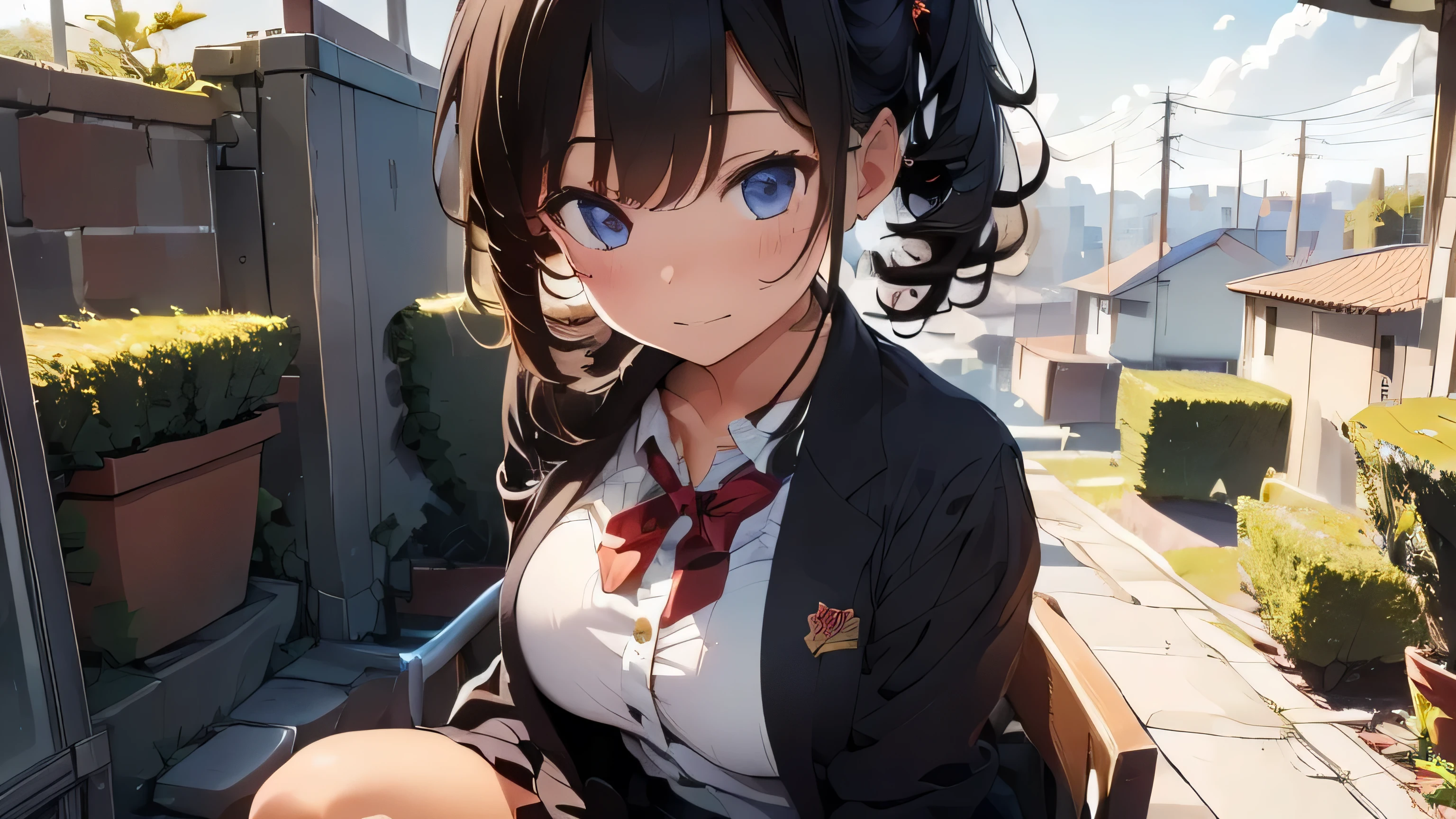 (Top quality, masterpiece) A girl is sitting, top of a building, skyscraper, scenery, wide-angle view, high (Lo-fi art style, perfect shading, very detailed CG)