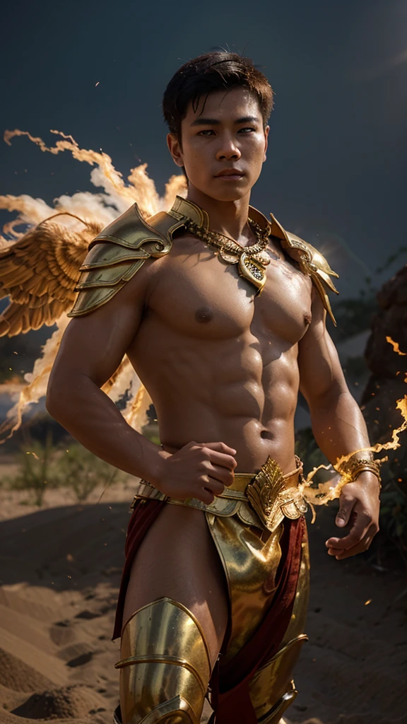 Thai young man is dressed in Thai Angel national costume,He is 18 years old, he has divine powers,shirtless, muscle, but the beautiful armor has dust, stones, soil and sand floating,His hands are powerful, there is a purple-red lightning flash, the other side has a fire, light background ,Beautiful and realistic fantasy pictures, portrait,