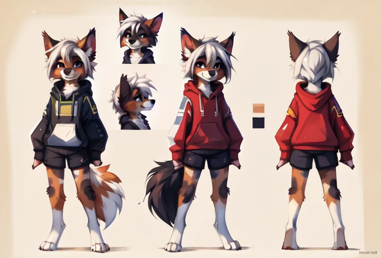 White background, no background, reference sheet, character sheet, High quality, 8K, by kenket, by swaybat, by reysi, by Zackary911, by hyattlen, by teranen, by fumiko, by Pixelsketcher, by Bayard Wu, by Einshelm, by Kilinah, by Hioshiru, by fluff-kevlar, by Dimwitdog, Furry, Anthro, solo, ((australian shepard)), ((female)), ((young)), fluffy tail, slender, ((short white hair)), chest fluff, short, erotic, small breasts, hoodie, track shorts, pony tail, cute, smug, university, floppy ear

reference sheet, model sheet