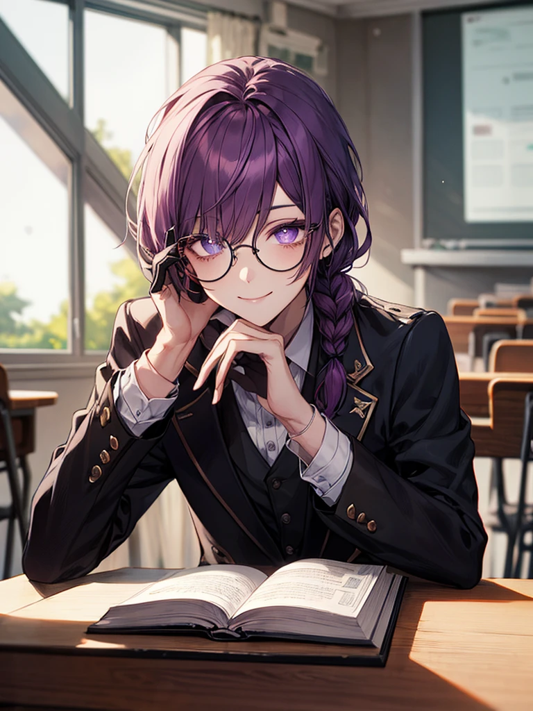 men's,single braid hair,violet colored hair,(Eye 1:2,Clear eyes,Elaborate Eyes,Delicate pupils,Good eyes,eye detailed),Face Focus,Adult,In black suit,best qualtiy,facial detailing,Classroom,sit on desk,sitting in the couch,lazy,Detailed background,diffuse sunlight,depth of fields,Studying Smiling at your desk, violet eyes,black gloves, round glasses, long sleeves,violet hair, smile,