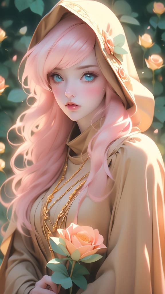 art of a very realistic figure wearing a gold hoodie holding a flower to her nose, 1girl, solo, flower, hood, rose, holding flower, long hair,(risheirmgardweitzner,pink_hair,aqua_eyes,:1.2),