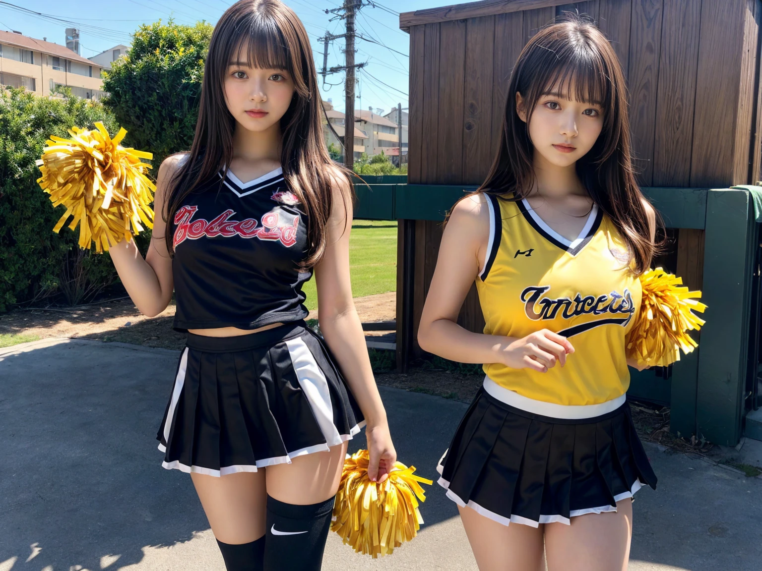 masterpiece, best quality, illustration, Super detailed, fine details, High resolution, 8K,wall paper, perfect dynamic composition,(Details High quality, realistic depiction of eyes:1.3), (3 girls), BREAK (cheerleader uniform with yellow as basic color:1.3), (holding a yellow pompoms in hand:1.4), (sleeveless yellow tunic with baseball team logo:1.4), yellow tops, (bold V-neck:1.3), ((Blue lines, black lines) on tops:1.3), ((fit and flare, A-line):1.3), (A-line yellow rah-rah skirt:1.3), mini skirt, (black socks:1.3), (sports shoes:1.2), sitting, open legs, short bob hair, in a hotel room in the background, deep on field, large breasts, black hair color, Big Natural Color Lip, (perfect body shape), crying a little、Harajuku style、20 year old girl、cute type、beautiful legs, Gravure Idol