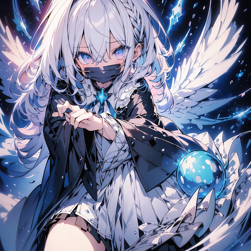 1girl,(((Highest quality、Masterpiece、Official Art、The best dynamic composition、Super detailed、Perfect Anatomy)))、Anime Style、White hair and light blue gradient long hair、Black hooded cloak、Mini Pleated Skirt、Baby Face、Holding a giant cute magic wand at an angle with both handagenta Heart Fractal Art、