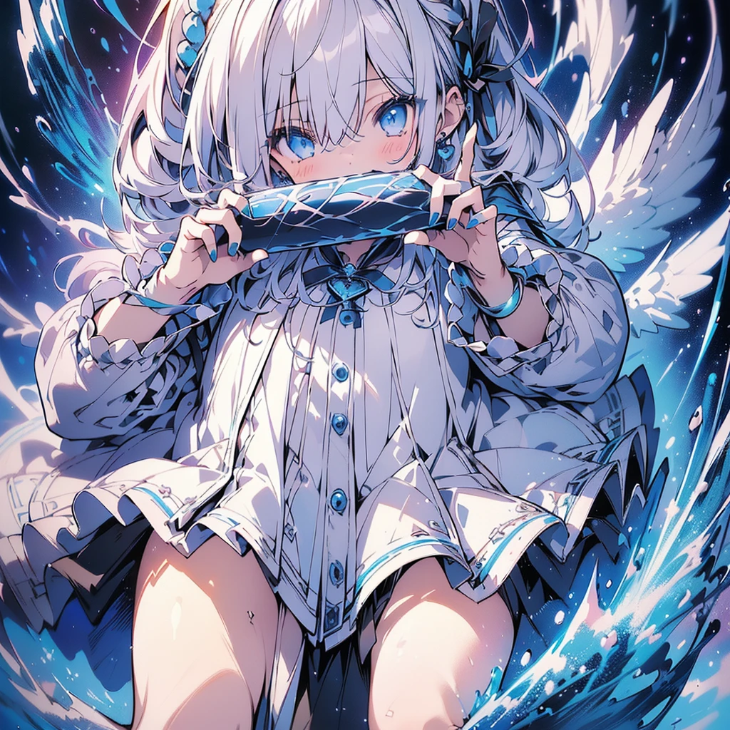 1girl,(((Highest quality、Masterpiece、Official Art、The best dynamic composition、Super detailed、Perfect Anatomy)))、Anime Style、White hair and light blue gradient long hair、Black hooded cloak、Mini Pleated Skirt、Baby Face、Holding a giant cute magic wand at an angle with both handagenta Heart Fractal Art、